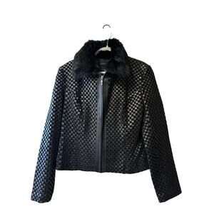 Apostrophe Black Suede Genuine Leather Basket Weave Rabbit Fur Jacket Full Zip